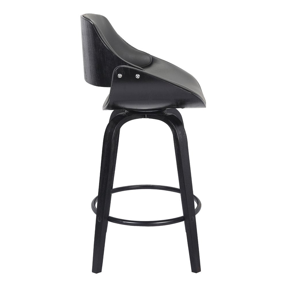 26" Gray And Black Faux Leather And Fabric And Iron Low Back Counter Height Swivel Bar Chair