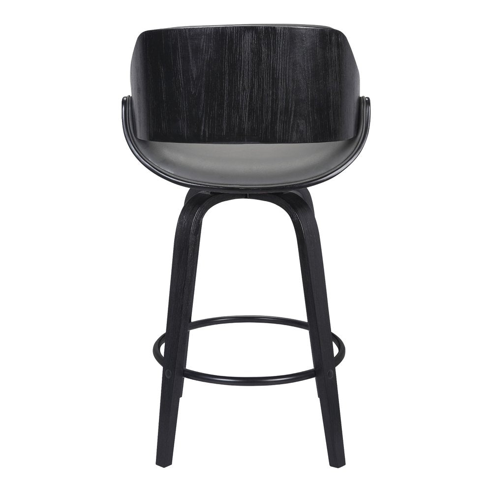 26" Gray And Black Faux Leather And Fabric And Iron Low Back Counter Height Swivel Bar Chair
