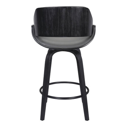26" Gray And Black Faux Leather And Fabric And Iron Low Back Counter Height Swivel Bar Chair