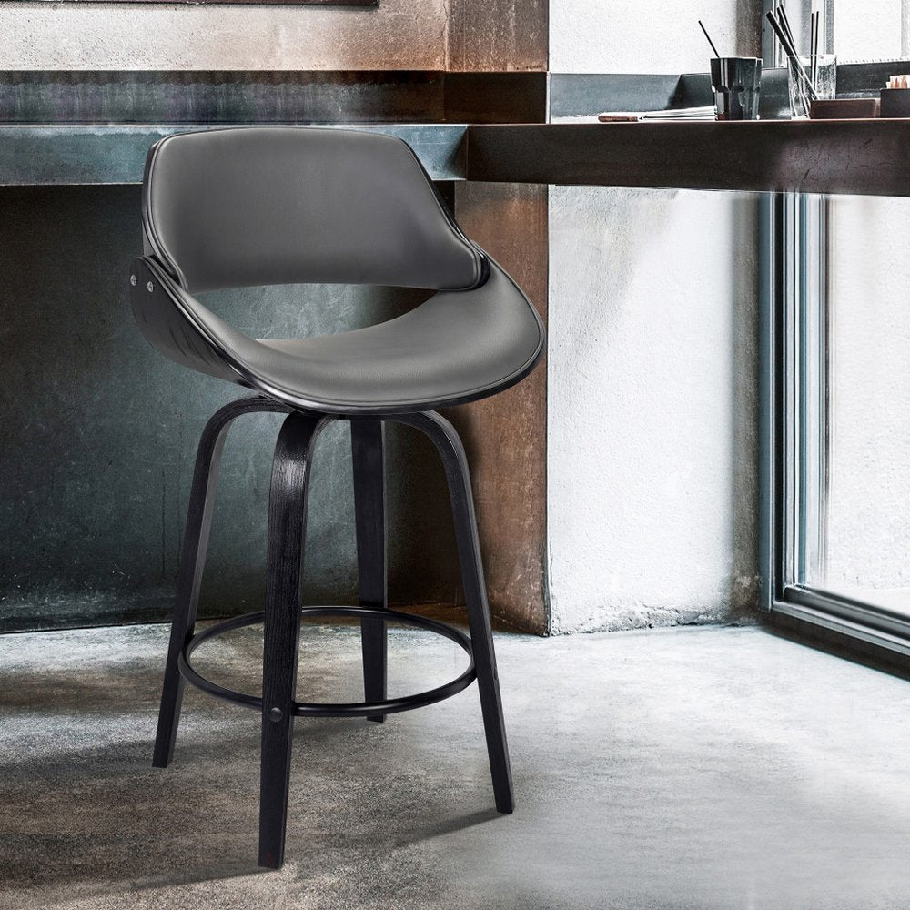 26" Gray And Black Faux Leather And Fabric And Iron Low Back Counter Height Swivel Bar Chair