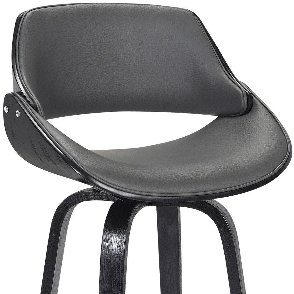26" Gray And Black Faux Leather And Fabric And Iron Low Back Counter Height Swivel Bar Chair