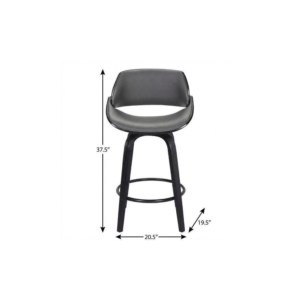 26" Gray And Black Faux Leather And Iron Swivel Low Back Counter Height Bar Chair