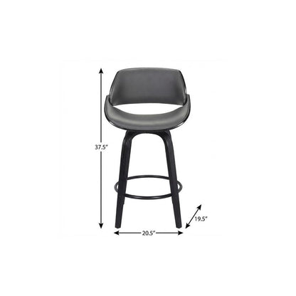 26" Gray And Black Faux Leather And Fabric And Iron Low Back Counter Height Swivel Bar Chair