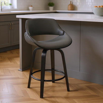 26" Gray And Black Faux Leather And Fabric And Iron Low Back Counter Height Swivel Bar Chair