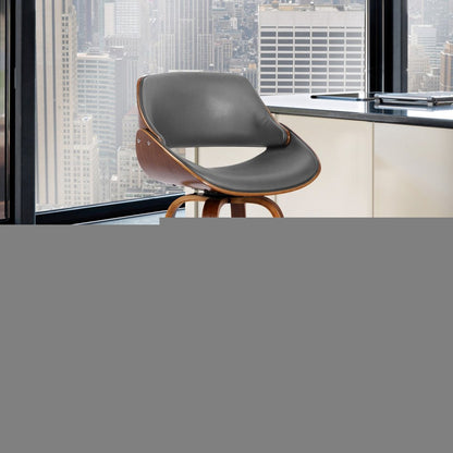 26" Gray And Brown Faux Leather And Iron Swivel Low Back Counter Height Bar Chair