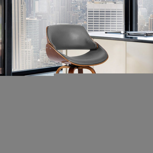26" Gray And Brown Faux Leather And Iron Swivel Low Back Counter Height Bar Chair