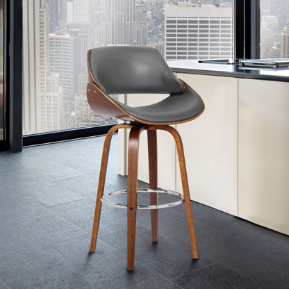 26" Gray And Brown Faux Leather And Fabric And Iron Low Back Counter Height Swivel Bar Chair