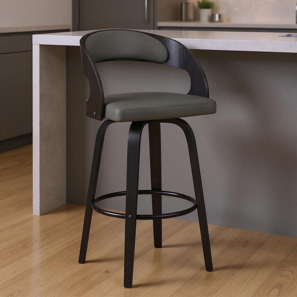 26" Gray And Black Faux Leather And Iron Swivel Low Back Counter Height Bar Chair