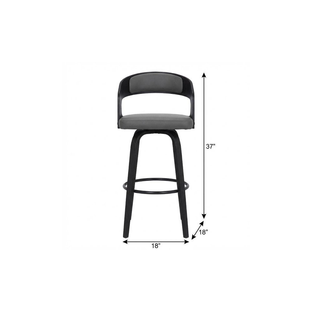 26" Gray And Black Faux Leather And Iron Swivel Low Back Counter Height Bar Chair
