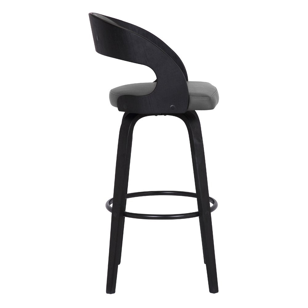 30" Gray And Black Fabric And Iron Low Back Bar Height Swivel Bar Chair