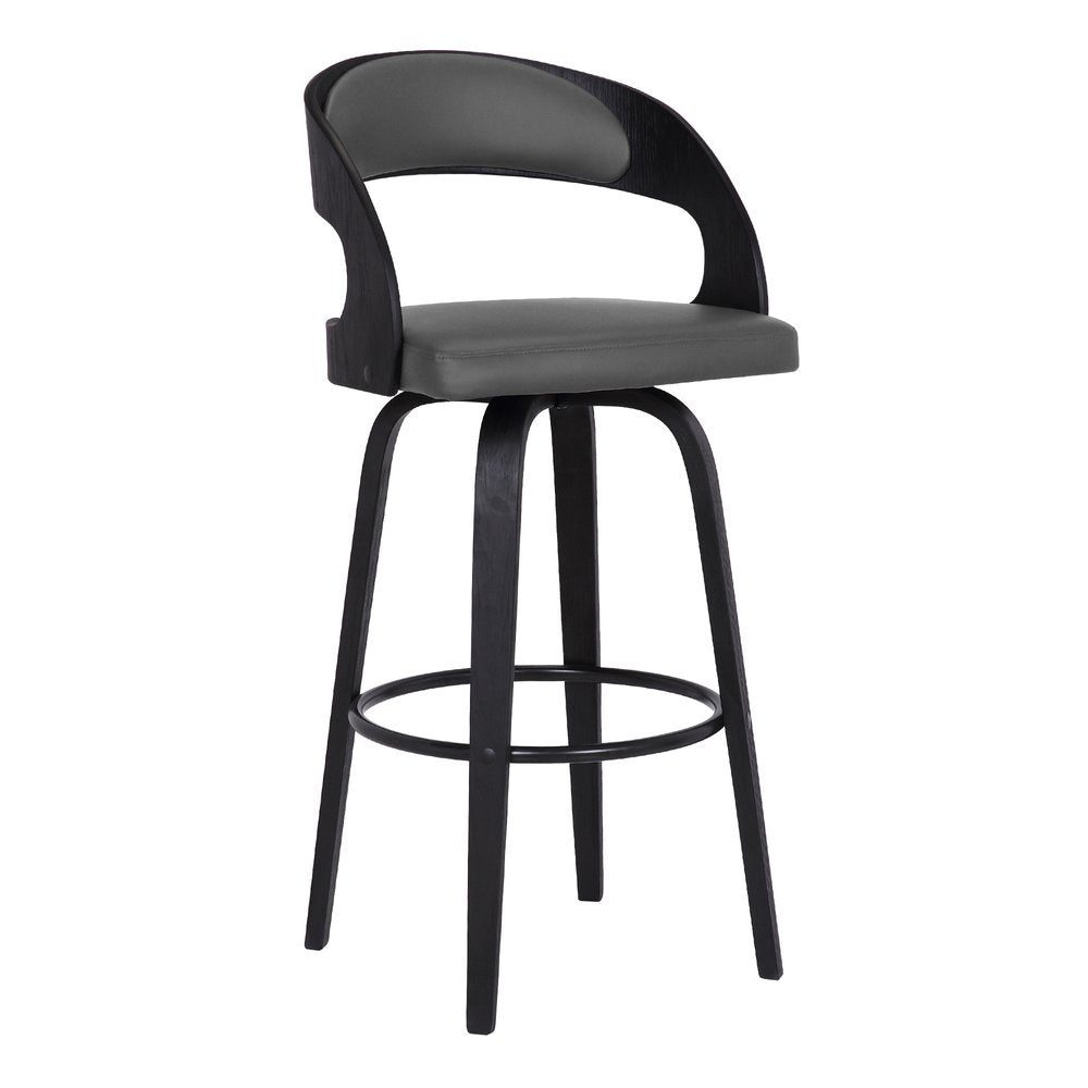 30" Gray And Black Fabric And Iron Low Back Bar Height Swivel Bar Chair
