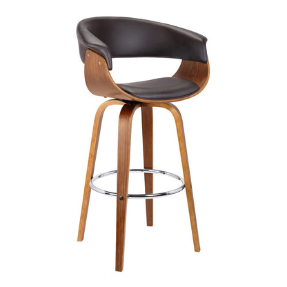 31" Brown Faux Leather And Fabric And Solid Wood Low Back Bar Height Swivel Bar Chair