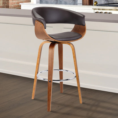 31" Brown Faux Leather And Fabric And Solid Wood Low Back Bar Height Swivel Bar Chair