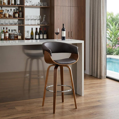 31" Brown Faux Leather And Solid Wood Swivel Low Back Bar Height Bar Chair