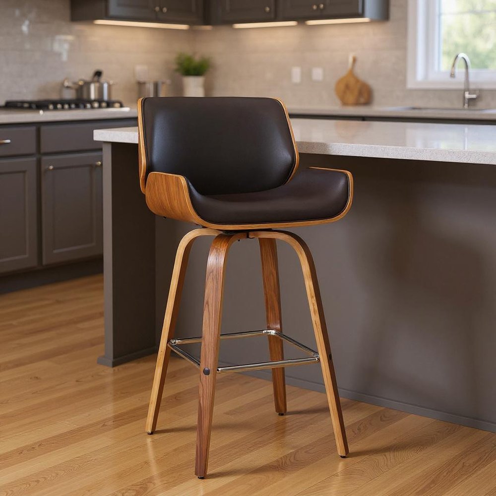 26" Brown Solid Wood Swivel Low Back Counter Height Bar Chair