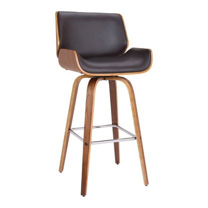 30" Brown Fabric And Solid Wood Low Back Bar Height Swivel Bar Chair