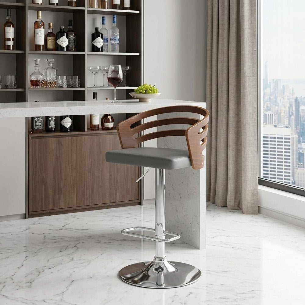Gray And Silver Fabric And Iron Low Back Adjustable Height Swivel Bar Chair