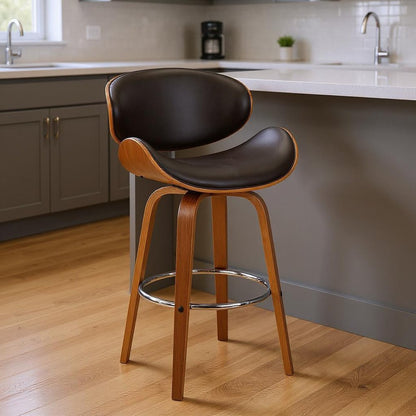 26" Brown Faux Leather And Iron Swivel Low Back Counter Height Bar Chair