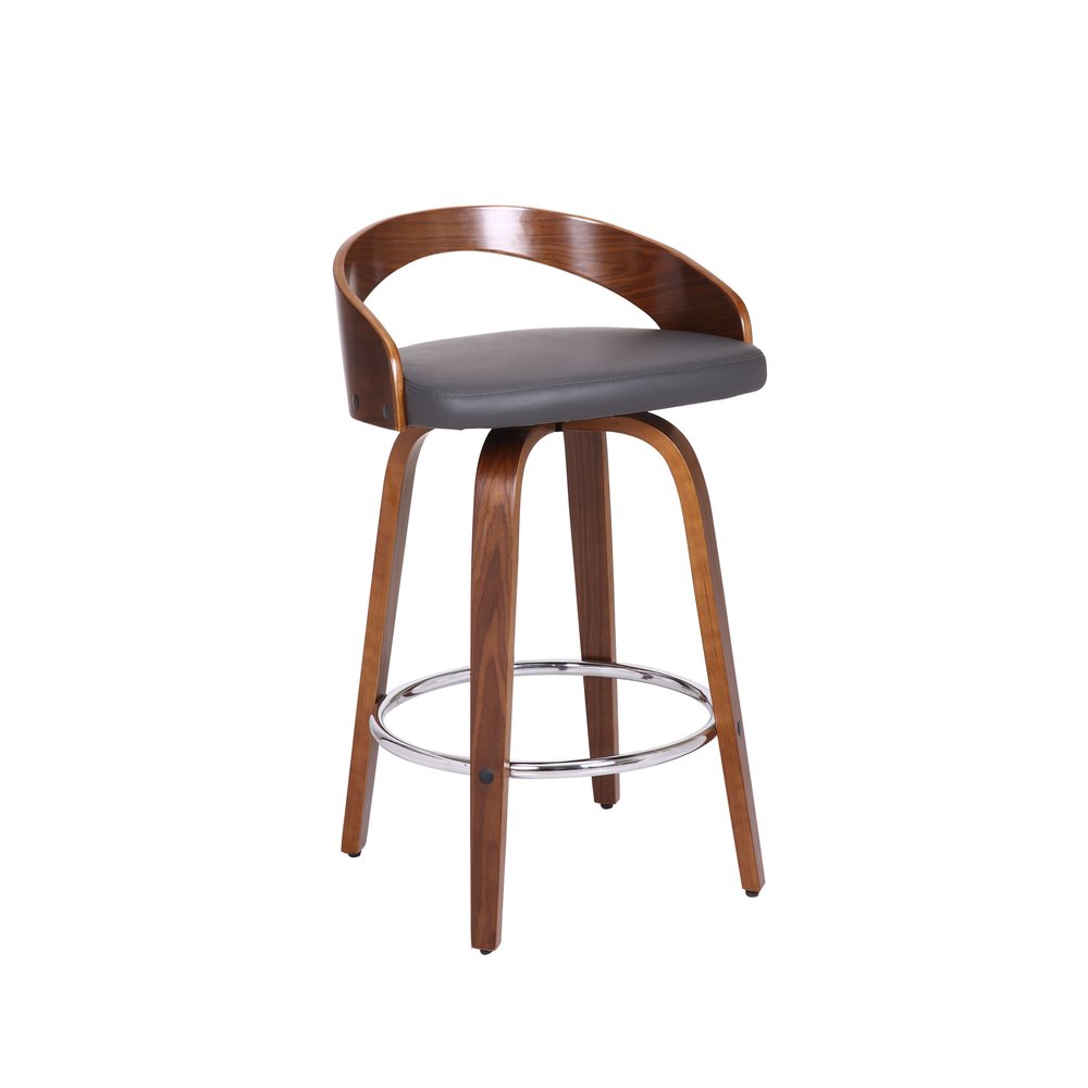 26" Gray and Brown Faux Leather and Iron Low Back Counter Height Swivel Bar Chair