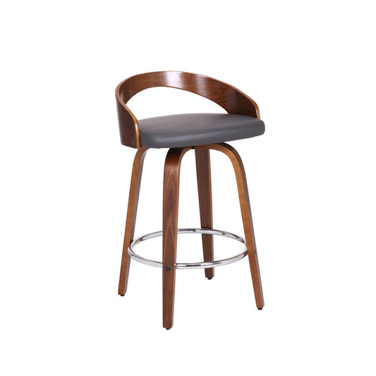 26" Gray and Brown Faux Leather and Iron Low Back Counter Height Swivel Bar Chair