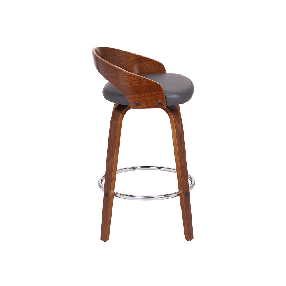 26" Gray and Brown Faux Leather and Iron Low Back Counter Height Swivel Bar Chair