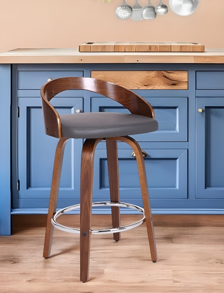 26" Gray and Brown Faux Leather and Iron Low Back Counter Height Swivel Bar Chair