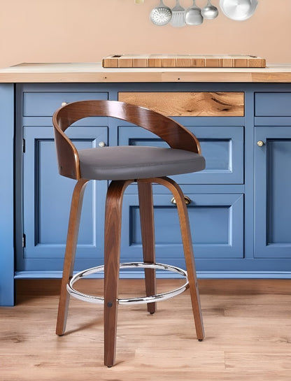 26" Gray and Brown Faux Leather and Iron Low Back Counter Height Swivel Bar Chair