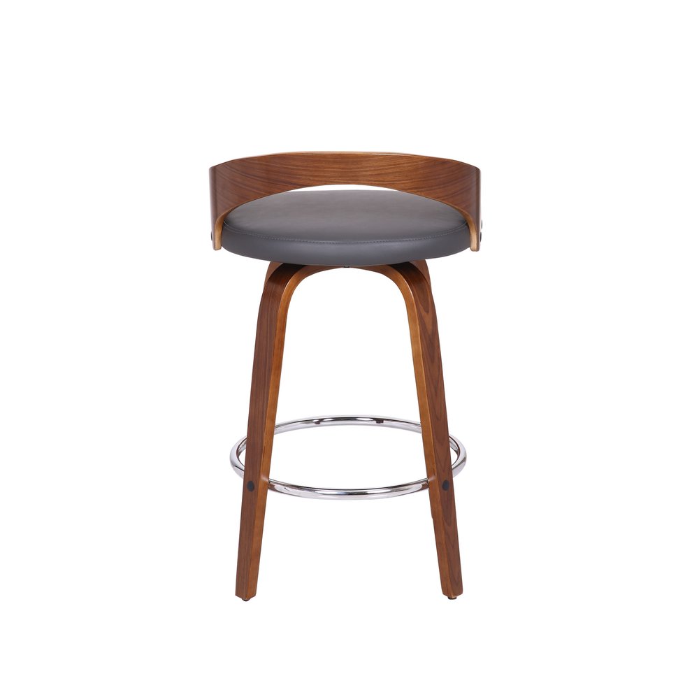 26" Gray and Brown Faux Leather and Iron Low Back Counter Height Swivel Bar Chair