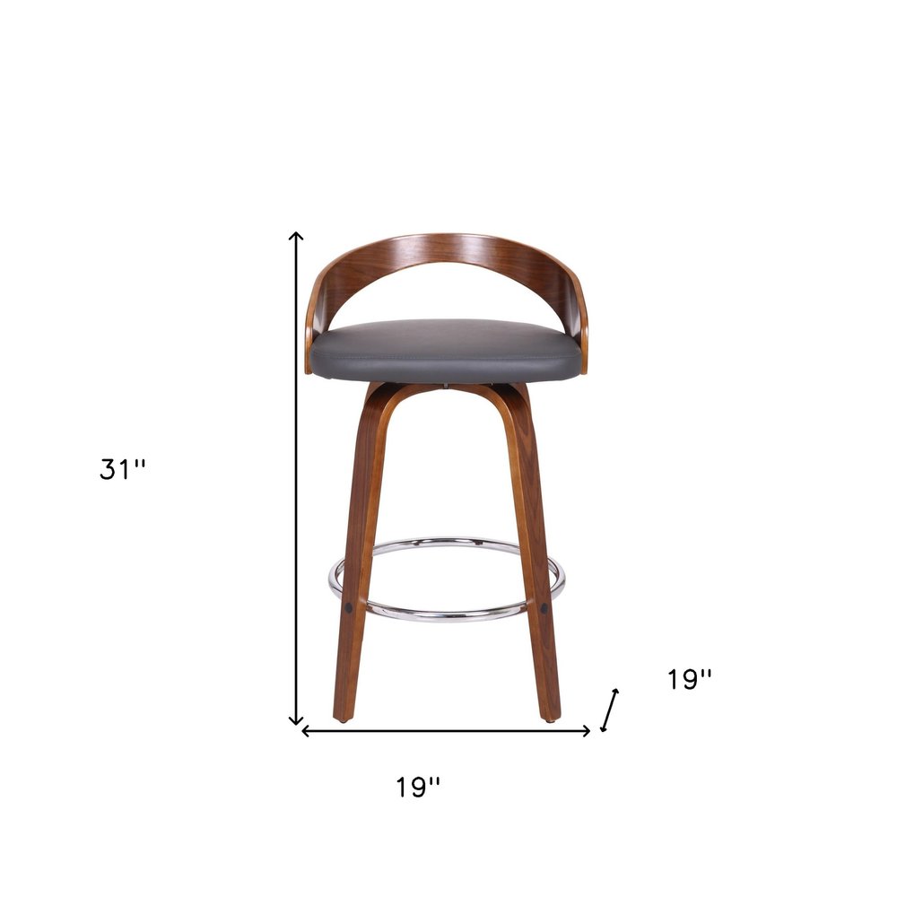 26" Gray and Brown Faux Leather and Iron Low Back Counter Height Swivel Bar Chair