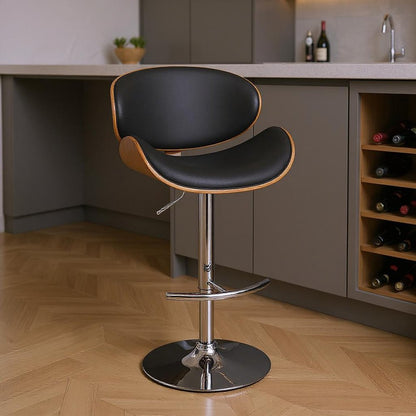 25" Black And Silver Faux Leather And Solid Wood Swivel Low Back Adjustable Height Bar Chair