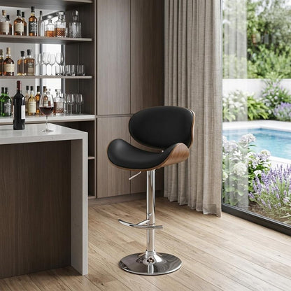 25" Black And Silver Faux Leather And Solid Wood Swivel Low Back Adjustable Height Bar Chair