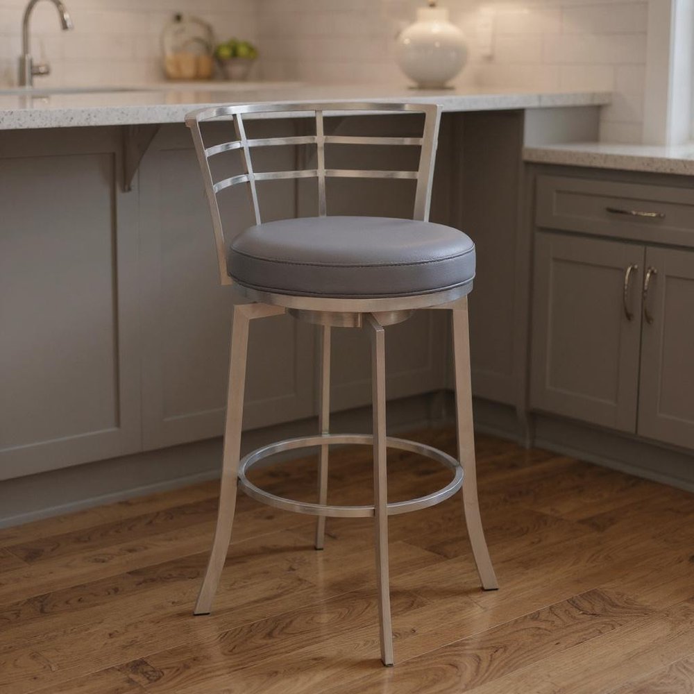 26" Gray And Silver Faux Leather And Iron Swivel Low Back Counter Height Bar Chair