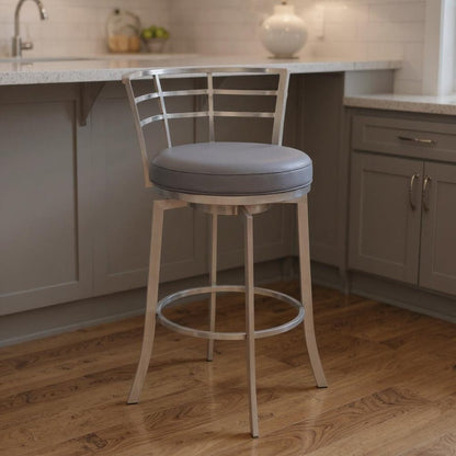 26" Gray And Silver Faux Leather And Iron Swivel Low Back Counter Height Bar Chair