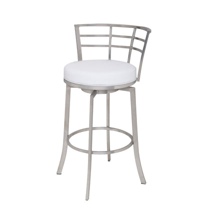 26" White And Silver Faux Leather And Iron Swivel Low Back Counter Height Bar Chair