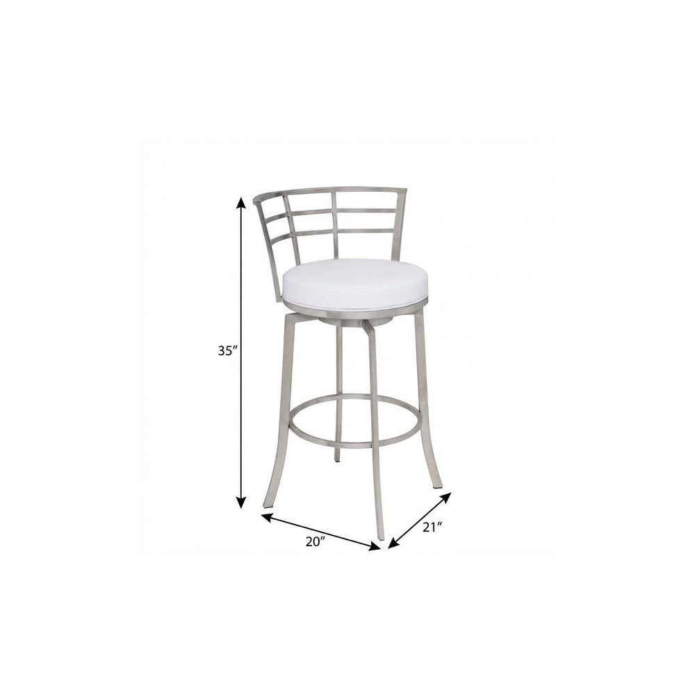 26" White And Silver Faux Leather And Iron Swivel Low Back Counter Height Bar Chair