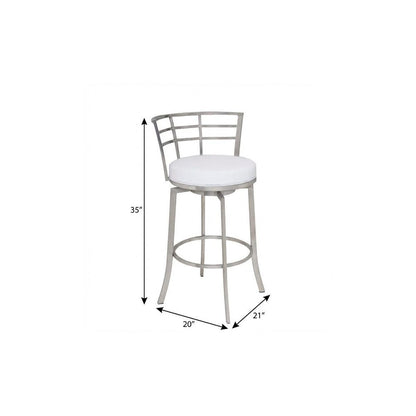 26" White And Silver Faux Leather And Iron Swivel Low Back Counter Height Bar Chair