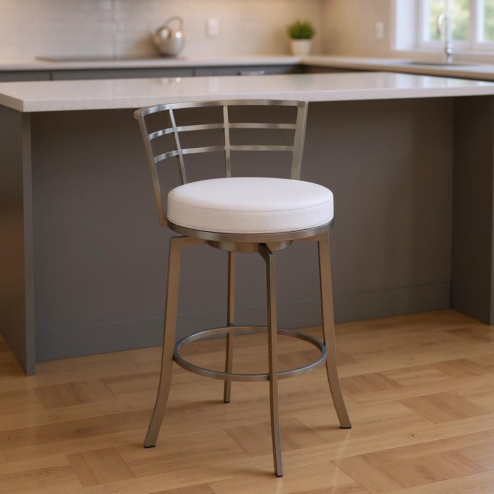 26" White And Silver Faux Leather And Iron Swivel Low Back Counter Height Bar Chair