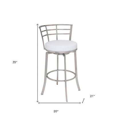 26" White And Silver Faux Leather And Iron Swivel Low Back Counter Height Bar Chair