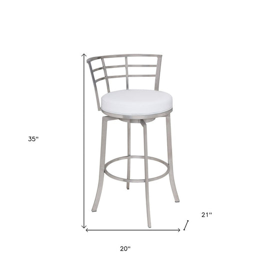 26" White And Silver Faux Leather And Iron Swivel Low Back Counter Height Bar Chair