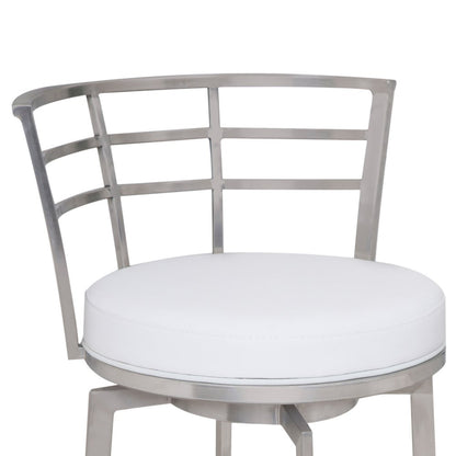 26" White And Silver Faux Leather And Iron Swivel Low Back Counter Height Bar Chair