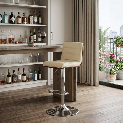 Cream And Silver Fabric And Iron Low Back Adjustable Height Swivel Bar Chair