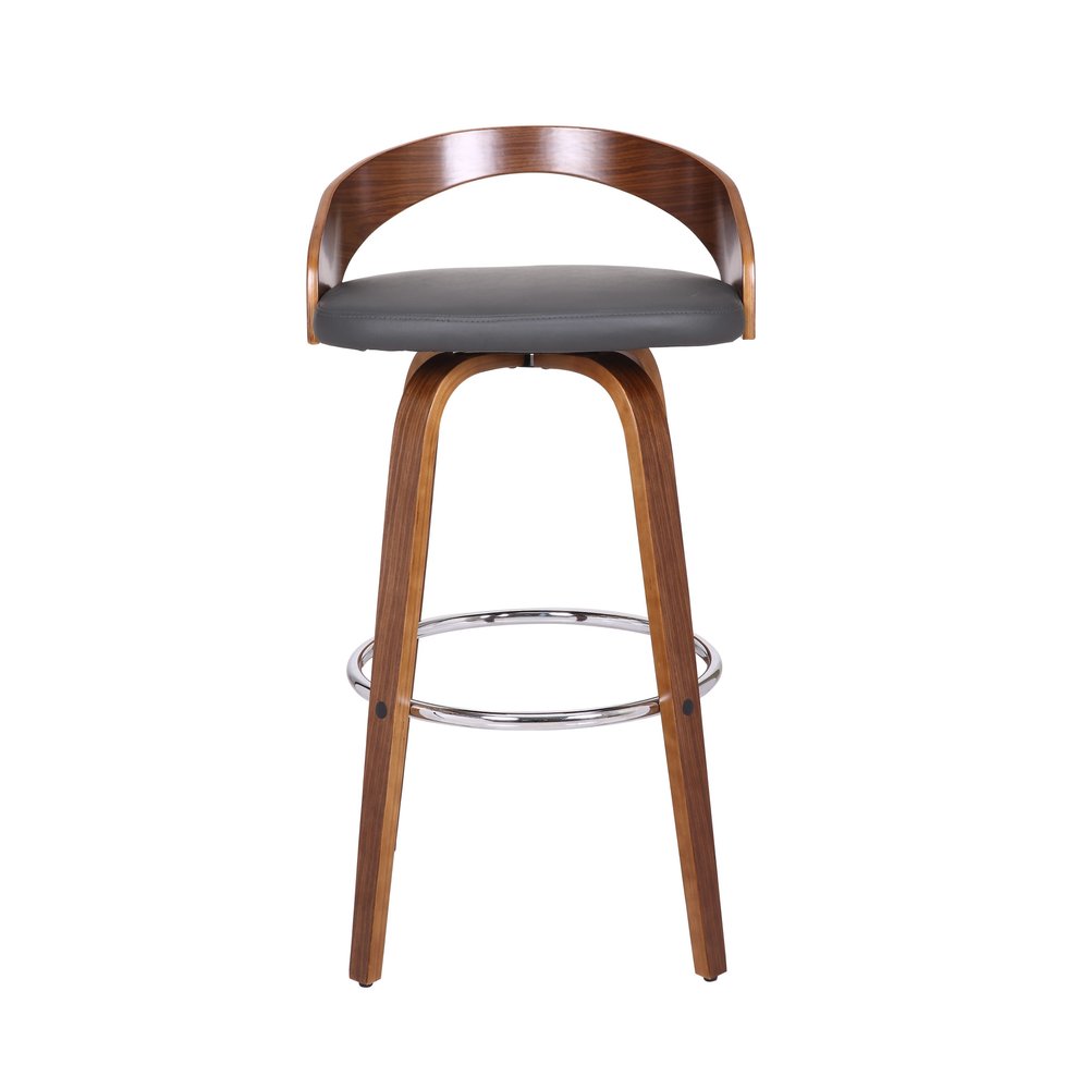 30" Gray And Brown Faux Leather And Fabric And Iron Low Back Bar Height Swivel Bar Chair
