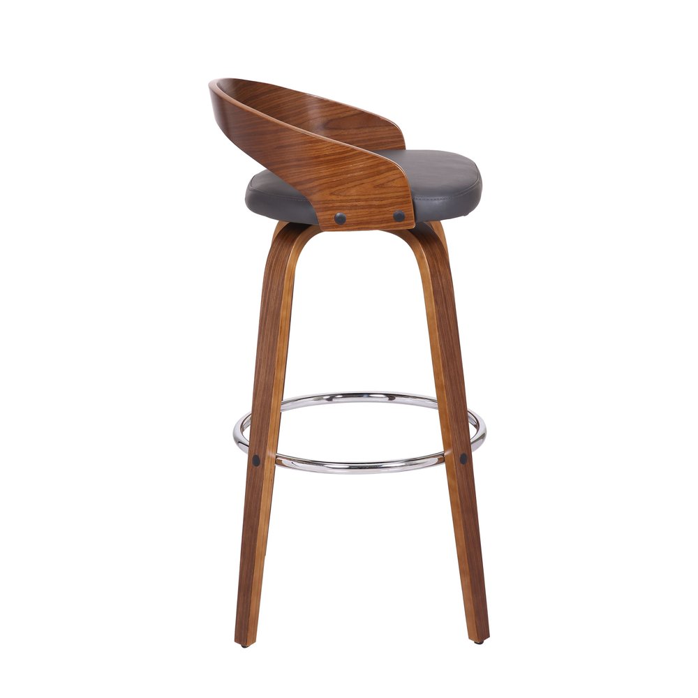 30" Gray and Brown Faux Leather and Iron Low Back Bar Height Swivel Bar Chair