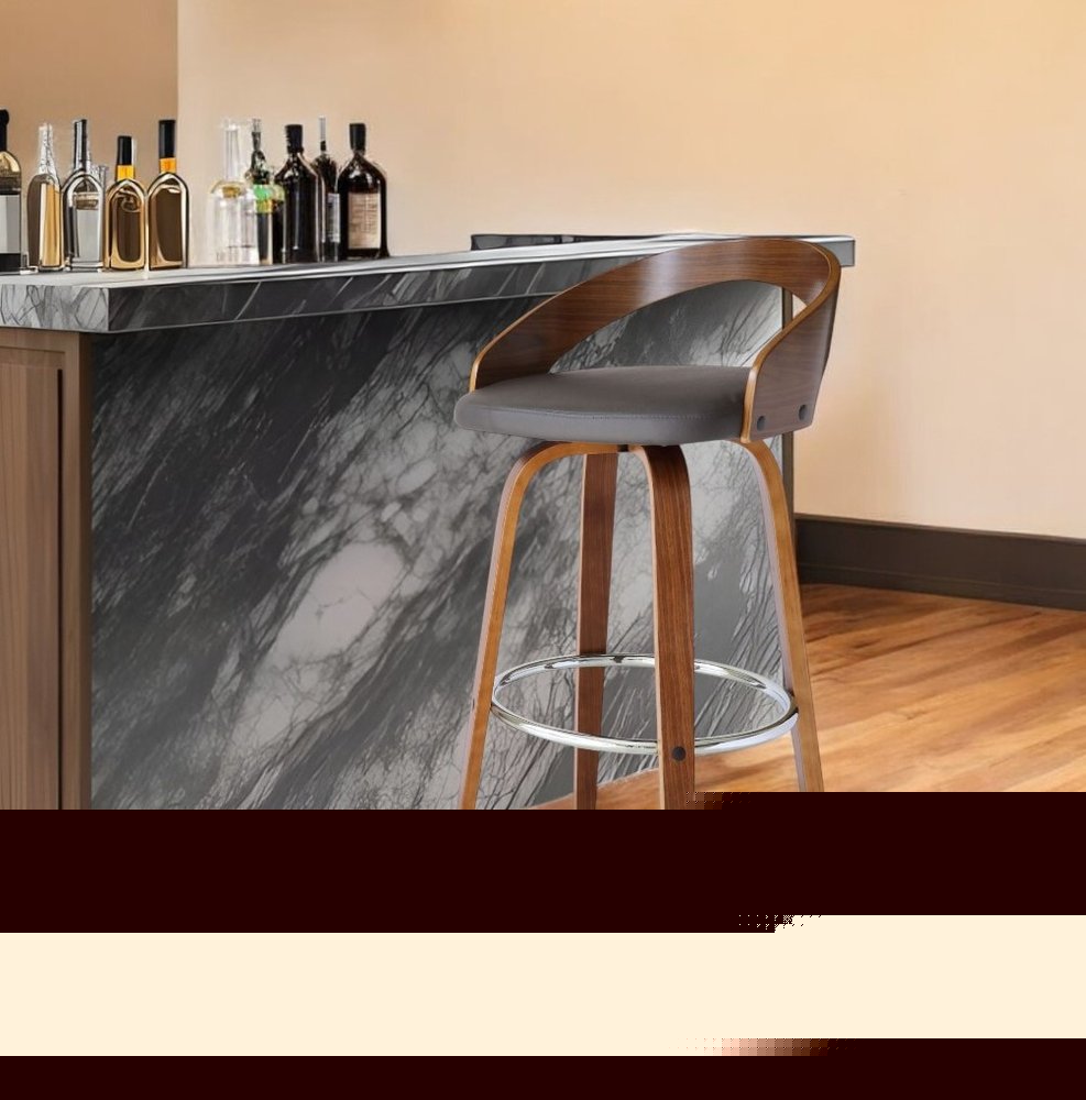 30" Gray and Brown Faux Leather and Iron Low Back Bar Height Swivel Bar Chair