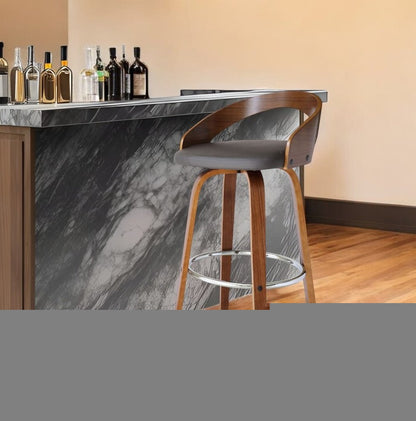 30" Gray and Brown Faux Leather and Iron Low Back Bar Height Swivel Bar Chair