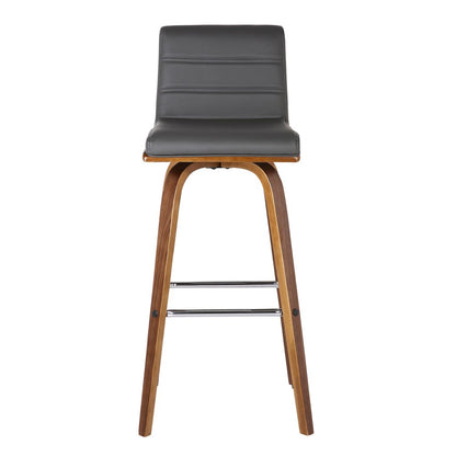 30" Gray and Brown Faux Leather and Solid Wood Low Back Bar Height Swivel Bar Chair