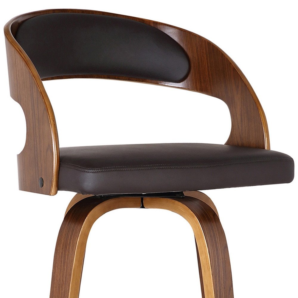 30" Brown Fabric And Solid Wood Low Back Bar Height Swivel Bar Chair
