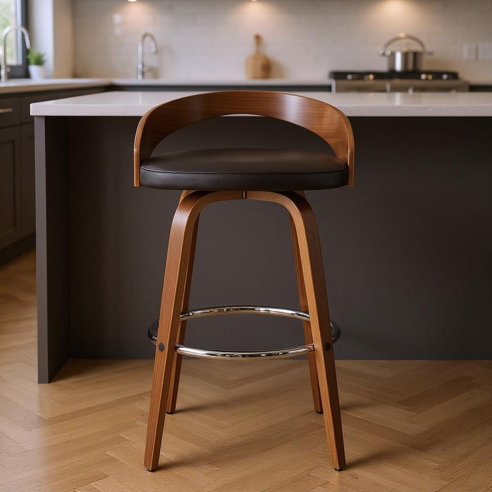 26" Brown Faux Leather And Solid Wood Swivel Low Back Counter Height Bar Chair