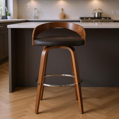 26" Brown Faux Leather And Solid Wood Swivel Low Back Counter Height Bar Chair