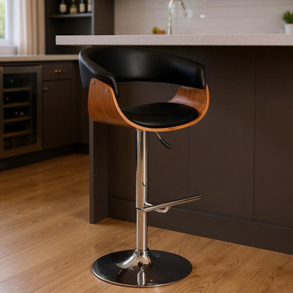 24" Black And Brown Faux Leather And Solid Wood Swivel Low Back Adjustable Height Bar Chair